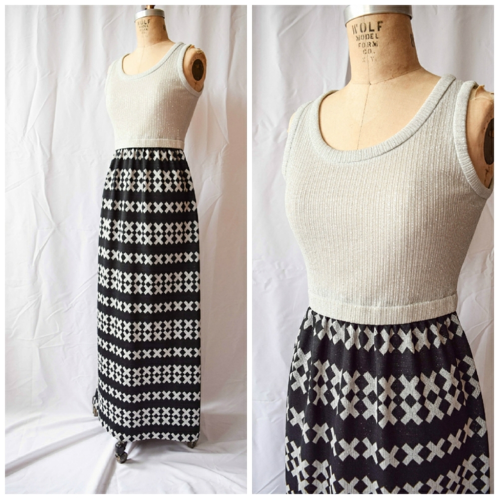Vintage 1970s Metallic Knit Maxi Dress